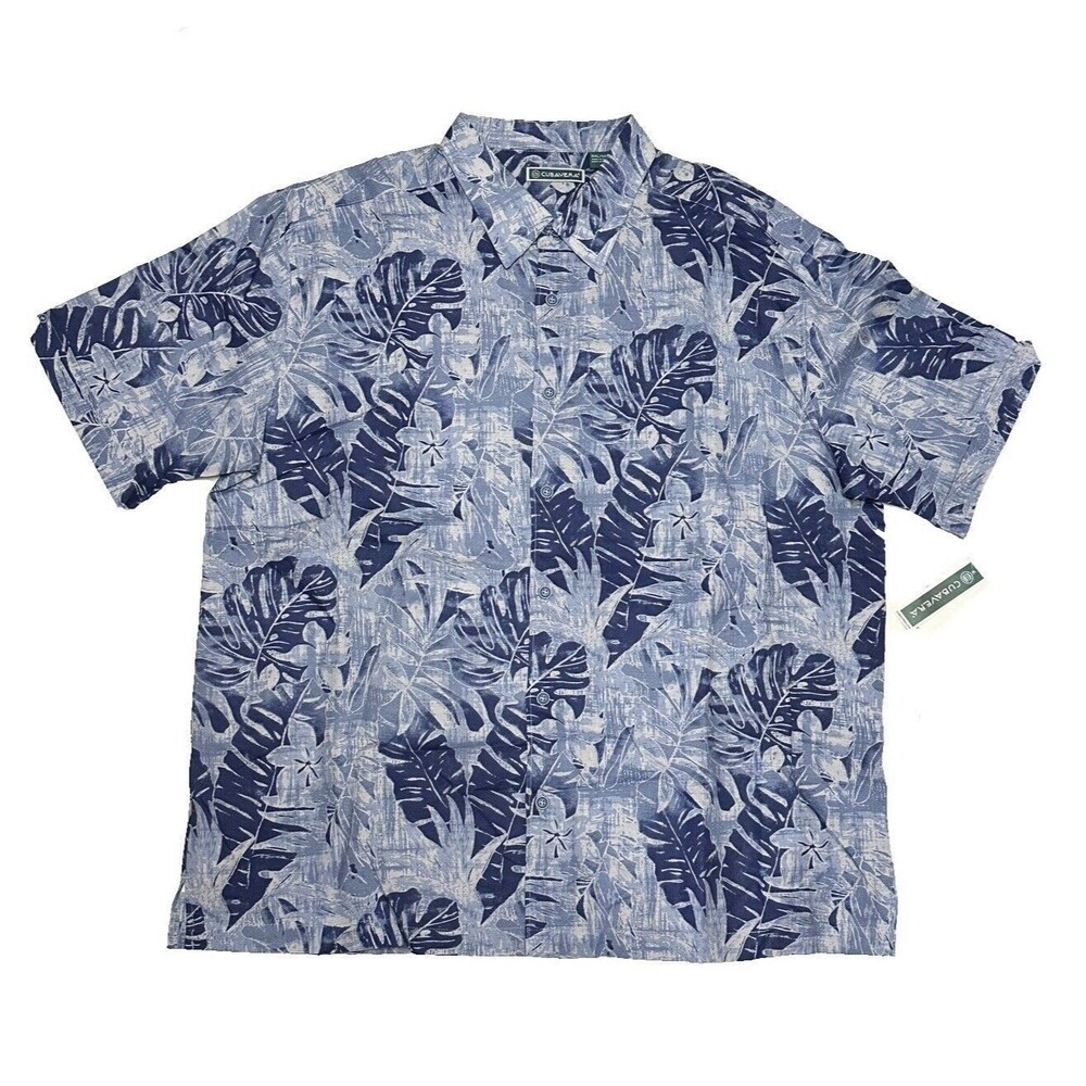 NEW Cubavera Mens Size XXL Linen Blend Blue Palm Leaf Tropical Button Up Shirt